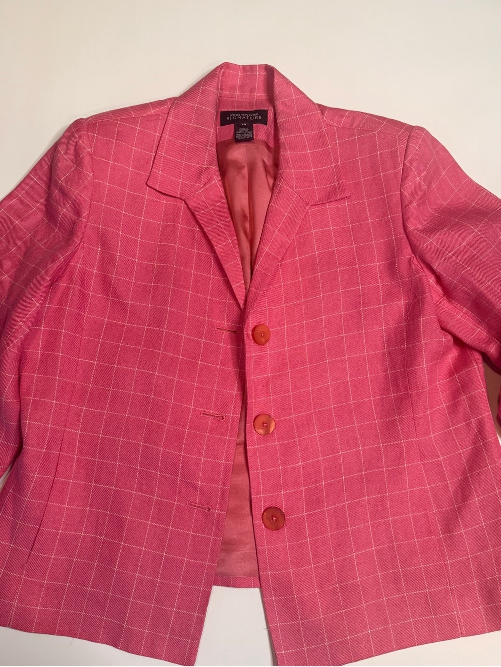 Vintage Jones New York Signature Windowpane Plaid Pink & White  Linen Blazer